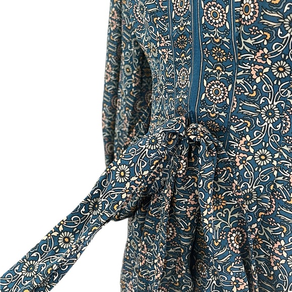 Max Studio Blue Floral Boho Peplum Blouse Tie Waist V-Neck Long Sleeve M - Picture 6 of 9